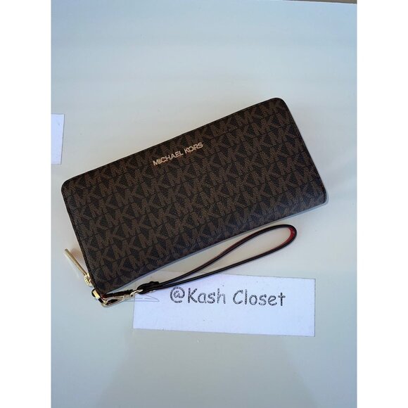 Michael Kors continental wristlet large travel wallet MK signature flame brown - Picture 8 of 8